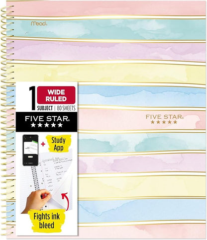 Five Star Spiral Notebook + Study App, 1 Subject, Wide Ruled, 8" x 10-1/2", 80 Sheets, Pastel Stripes (930209F-ECM)