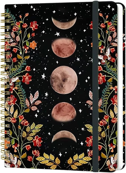 Yoiilifee Spiral Notebook - A5 Spiral Notebooks, 8.3'' × 5.8'', 160 Pages, Aesthetic Journaling Notebooks for Women, College Lined Notebook with Elastic Closure, Back Pocket, for School Office, Moon
