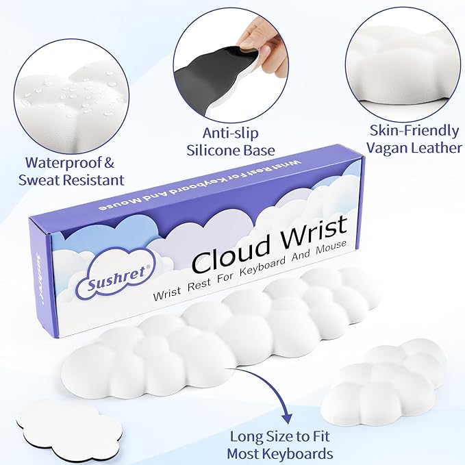 Cloud Wrist Rest Keyboard, Cloud Keyboard Wrist Pad Set with PU Leather Memory Foam, Cute Arm Rest for Palm Support, PC/Gaming Desk Accessories/Office Setup/Computer Hand Cushion - White