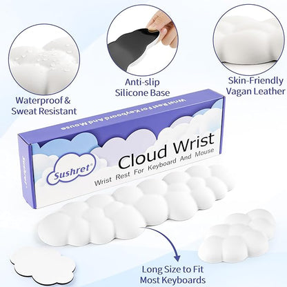 Cloud Wrist Rest Keyboard, Cloud Keyboard Wrist Pad Set with PU Leather Memory Foam, Cute Arm Rest for Palm Support, PC/Gaming Desk Accessories/Office Setup/Computer Hand Cushion - White