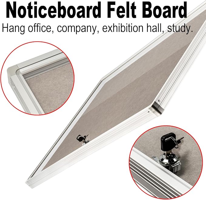 BIBOC Enclosed Felt Bulletin Board 36x24 inch Lockable Cork Noticeboard Display Cases Tamperproof Notice Poster Memo Board with Class 1 Aluminum Frame (Felt, 24×36 inches)