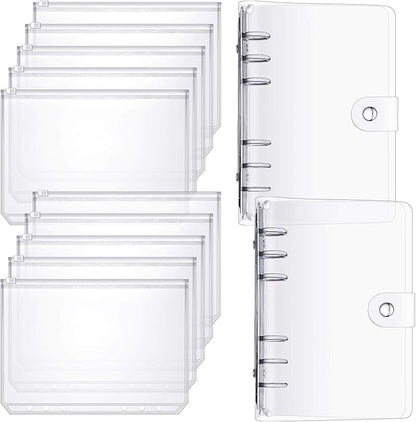 10 Pieces A6 Binder PVC Cover with 2 Pieces Clear PVC Zipper Binder Pockets, Waterproof 6-Ring Budget Binder Envelopes System Budget Planner Organizer for School Office
