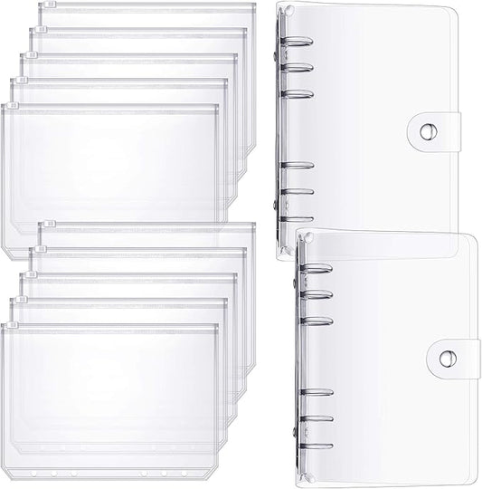 10 Pieces A6 Binder PVC Cover with 2 Pieces Clear PVC Zipper Binder Pockets, Waterproof 6-Ring Budget Binder Envelopes System Budget Planner Organizer for School Office