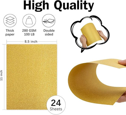 Double-Sided Gold Glitter Cardstock 8.5 x 11 24 Sheets, Goefun 100lb No-Shed Shimmer Glitter Paper for Wedding Parties, Invitations, Birthday, DIY Craft Projects, Anniversary