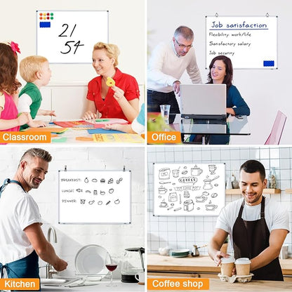 H-Qprobd White Board Dry Erase Whiteboard for Wall 24x18 (2pcs) Magnetic Boards for Office Classroom & Home, Small Wall Whiteboard Including 6 Markers, 10 Magnets, 2 Erasers & 10 Adhesive Hooks