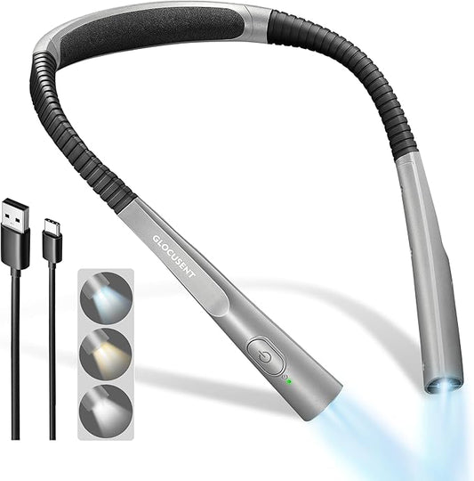 Glocusent Upgraded LED Neck Reading Light, Book Light for Reading in Bed, 30-min Timer, 3 Colors & 3 Brightness Adjustable, Rechargeable & Long Lasting, Perfect for Reading, Knitting