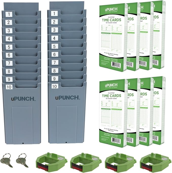 uPunch HN3540 Complete Small Business Start-Up Kit: AutoAlign Time Clock System with 400 Time Cards, 4 Ribbons & 2 Racks