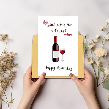 Funny Wine Birthday Card for Women Men - Age Gets Better With Wine, Humorous Birthday Card for Friends, Hilarious Birthday Card for Wife Husband