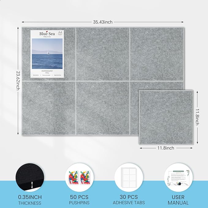 Large Cork Bulletin Board for Wall 36"x24", 6 Pack Felt Wall Tiles with 50 Pushpins, 30 Safe Removable Adhesive Tabs, Decorative Pin Board Tack Board for Office Home School, Silver Grey