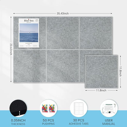 Large Cork Bulletin Board for Wall 36"x24", 6 Pack Felt Wall Tiles with 50 Pushpins, 30 Safe Removable Adhesive Tabs, Decorative Pin Board Tack Board for Office Home School, Silver Grey