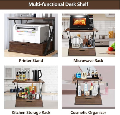 Printer Stand for Desk,2 Tier Desktop Printer Stand,Home Printer Stand with Storage Drawer,Small Printer Table,Desk Organizer Shelf for Top of Desk,Printer Rack for Fax Machine,Scanner-Walnut