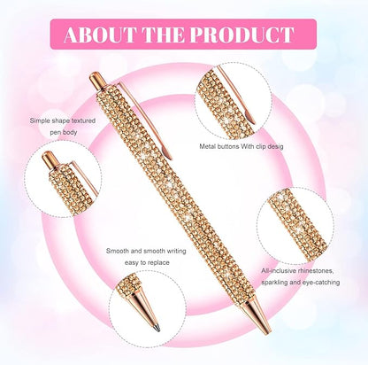 12Pcs Rhinestone Pens Bling Metal Ballpoint Diamond Pens Bulk Fancy Sparkly Crystal Press Retractable Black Ink 0.7mm For Women Office Meeting Birthday Supplies Wedding Gifts(6colors)