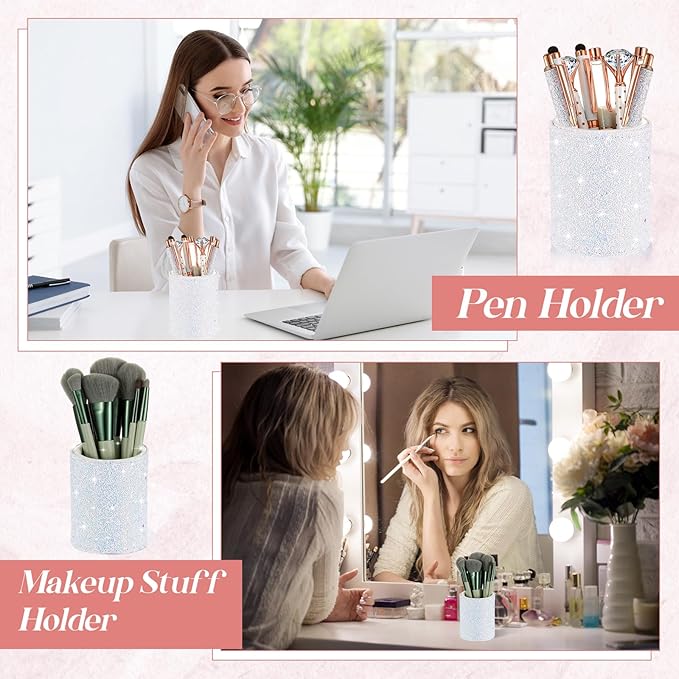 Sabary 8 Pcs Ballpoint Pens with Pen Holder for Desk Metal Crystal Diamond Pen Glitter Pencil Holder Fancy Pens Black Ink Bling Desk Organizer for Women Girls Office School Wedding Gifts (White)