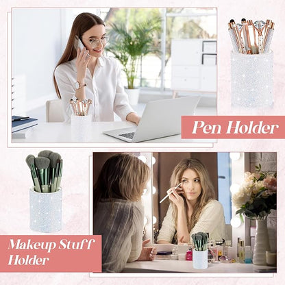 Sabary 8 Pcs Ballpoint Pens with Pen Holder for Desk Metal Crystal Diamond Pen Glitter Pencil Holder Fancy Pens Black Ink Bling Desk Organizer for Women Girls Office School Wedding Gifts (White)