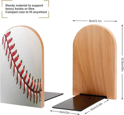 2 Pack Wood Bookends, Sport Ball Baseball Lace Non-Skid Book Ends for Heave Books, Decorative Bookends for Shelves Desk, Book Stoppers Book Holders for Home Office Library School