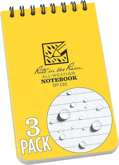 Rite in the Rain Weatherproof Top Spiral Notebook, 3" x 5", Yellow Cover, Universal Pattern, 3 Pack (No. 135-3X)