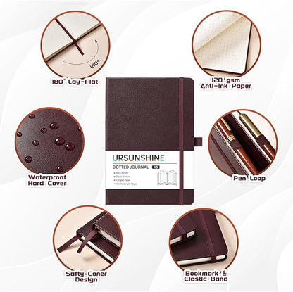 Dotted Journal/Notebook - Dot Grid Hard Cover Notebook, Premium Thick Paper with Fine Inner Pocket, Black Smooth Faux Leather, Pen Loop, 5.3'' x 8.26'' - Brown