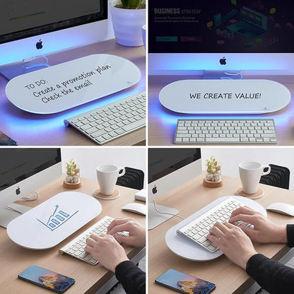 TSJ OFFICE Glass Desktop Whiteboard - 17 X 7 Inches Small Dry Erase Board with Blue Light, Glass White Board Surface Notepad with 1 Drawer, Desk Organizers for Office, Home, School Supplies