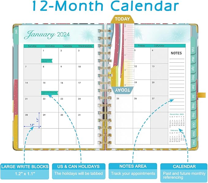 2024 Planner A5 Jan. 2024 - Dec. 2024 Calendar Monthly Planners with Monthly with Tabs Stickers Julian Dates for Teacher School Office - Colored Stripes EYROZILL