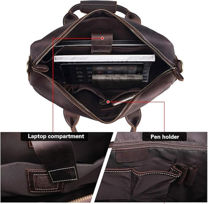 Polare Leather Briefcase for Men Business Travel Messenger Bags 15.6 Inch Laptop Bag YKK Metal Zipper