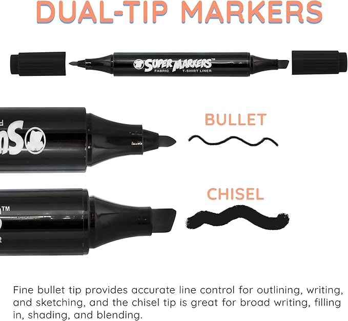 Super Markers Black Dual Tip Fabric & T-Shirt Markers, Set of 6 - Double-Ended with Chisel Point and Fine Point Tips - Permanent Vibrant Ink - Outline Clothing Designs Decorate Clothes