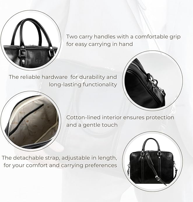 Time Resistance Leather Briefcase - Italian Full Grain Leather Bag - Genuine Leather Laptop Bag - Briefcase for Men and Women