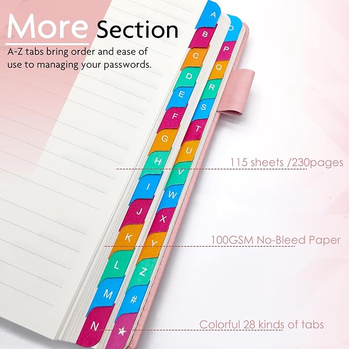 Password Keeper Book with Colorful Alphabetical Tabs, Hardcover Log Book for Internet Password and Website Address, Personal Organizer with Notes Section and Back Pocket and Two Bookmarks (Pink)