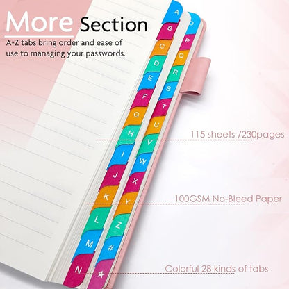Password Keeper Book with Colorful Alphabetical Tabs, Hardcover Log Book for Internet Password and Website Address, Personal Organizer with Notes Section and Back Pocket and Two Bookmarks (Pink)
