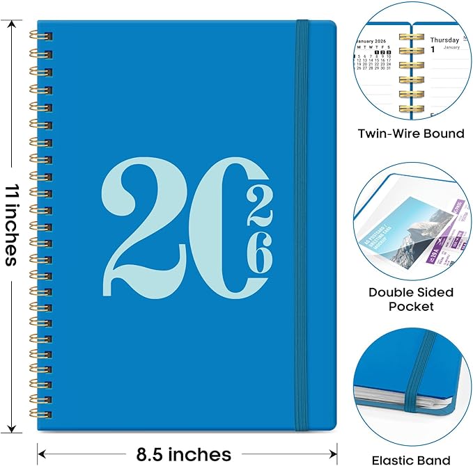 2026 Planner, Weekly and Monthly Calender Planner, Jan 2026 to Dec 2026, Hardcover 2026 Calendar Planner Book with Tabs & Inner Pocket, Office Home School Supplies for Women & Men - A4 (8.5" x 11"), Azure Blue