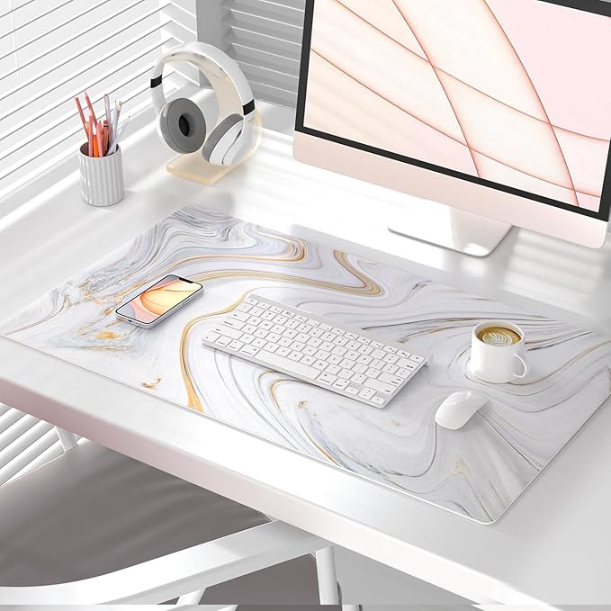 QIYI Large Mouse Pad, Cute Marble White Desk Mat, PU Leather Desk Protector Mousepad, Gold Grey Striped Waterproof Computer Keyboard Gaming Mouse Pads, Non Slip Extended Writing Pad 31.5" x 15.7"