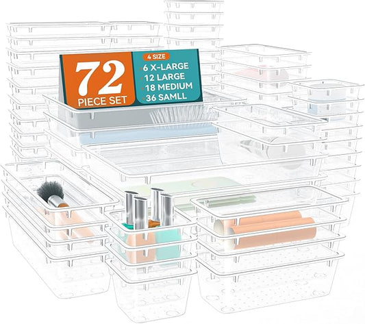 72 PCS Drawer Organizer Set, 4 Sizes Clear Plastic Makeup Vanity Organizer for Makeup, Stationery, Multiple Gadgets for Kitchen, Bathroom, Office, Bedroom
