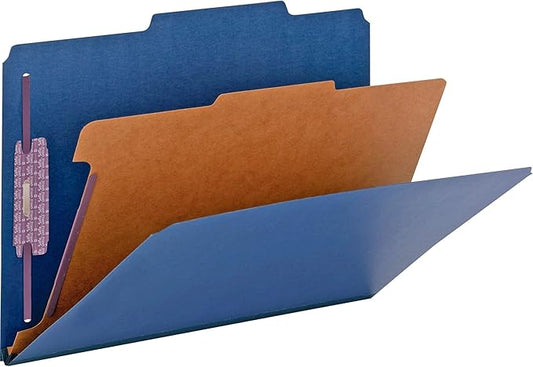 Smead Pressboard Classification File Folder with SafeSHIELD Fasteners, 1 Divider, 2" Expansion, Legal Size, Dark Blue, 10 per Box (18732)