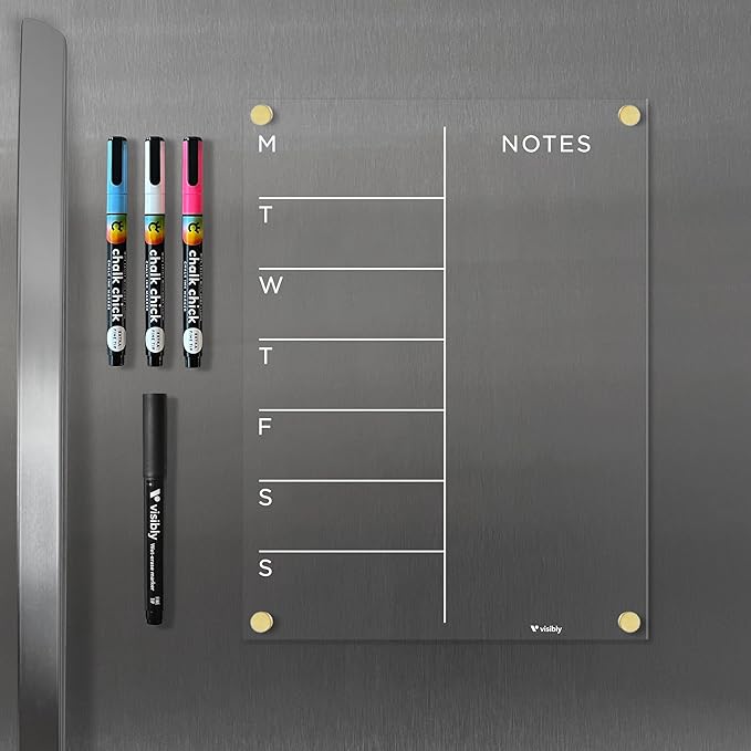 Magnetic Acrylic Weekly Calendar for Fridge, Weekly Meal Planner with Notes, Includes 4 Magnetic Wet-Erase Markers for Refrigerator, 9" X 12" | Black Hardware