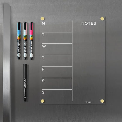 Magnetic Acrylic Weekly Calendar for Fridge, Weekly Meal Planner with Notes, Includes 4 Magnetic Wet-Erase Markers for Refrigerator, 9" X 12" | Black Hardware