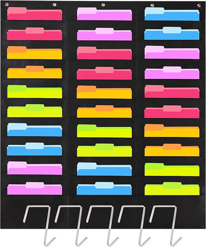 Black Pocket Chart for Classroom - 30 Pocket Storage Rainbow Pocket Charts , 5 Over Door Hangers Included, Hanging Wall File Organizer for File Folders, School Mailbox, Home/Office Papers