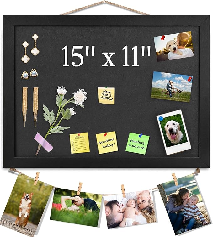 Grey Bulletin Boards Cork Board with Felt, 15"x11" Small Display Pin Board Vision Board for Walls, Jewelry, Notes, Collection, Photos, Office, Wood Framed(Black) & Felt(Gray), 1pc