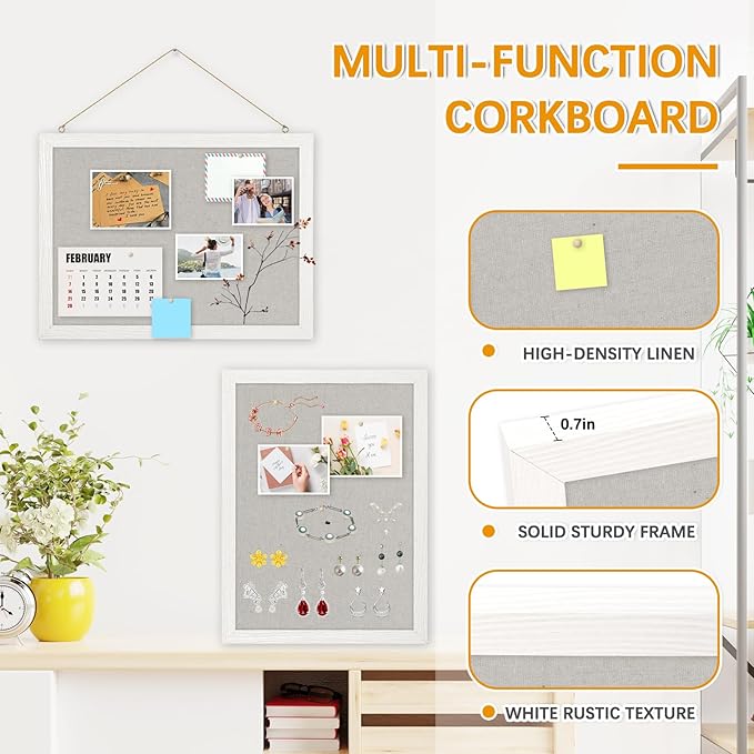 DOLLAR BOSS Cork Boards with Linen 2-Pack 16''X 12'' Cork Board for Walls White Wood Framed Small Bulletin Board Hanging Pin Board for Home Kitchen Office Decoration 20 Pushpin, Grey
