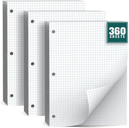 360 Sheets Quad Ruled Graph Paper, 3 Hole Punch Paper 8 x 10.5 White, Loose Leaf Graph Paper,Filler Paper 4 x 4 Graph Rule, Notebook Paper for 3 Ring Binder, Engineering Paper for School Home Business