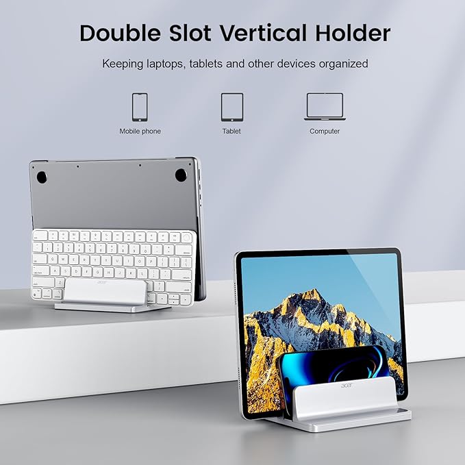 acer Dual Vertical Laptop Stand, Upright Desktop Stand Holder with Adjustable Dock (Up to 15.7''), Aluminum Laptop Rack Storage Desk Organizer for Tablet, MacBook/Samsung/HP/Dell/Chrome Book