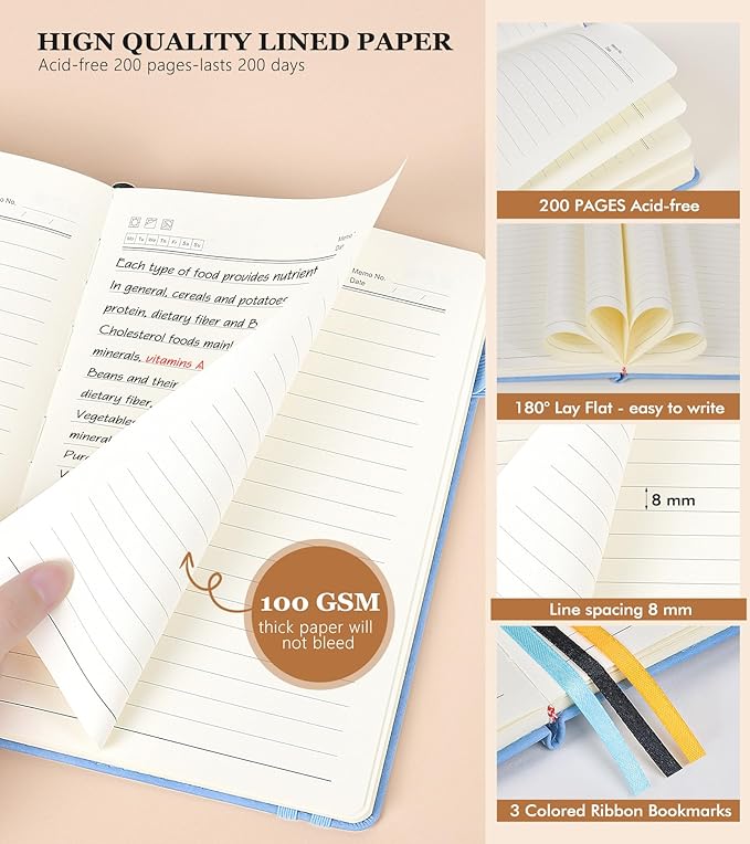 Lined Journal Notebook for Women and Men,Hardcover Leather Journaling Notebook for Writing, Travel, Business, Work and School,200 Pages A5 Notebook for Note Taking, Diary 5.9" × 8.5" - Blue