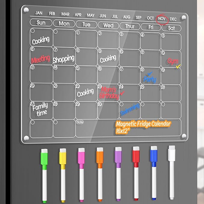 Magnetic Acrylic Calendar for Fridge Refrigerator Monthly Dry Erase Board w/ 8 Markers & Magnetic Pen Holder, Organic Glass Clear Planning Whiteboard Workout Board Meal Planner Magnetic 16x12''