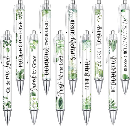 Tinlade 10 Pcs Christian Pens for Women Religious Ink Pens Easter Gifts Inspirational Quotes Bible Verse Ballpoint Funny Office Supplies for Women Men Coworker(Green Leaves)