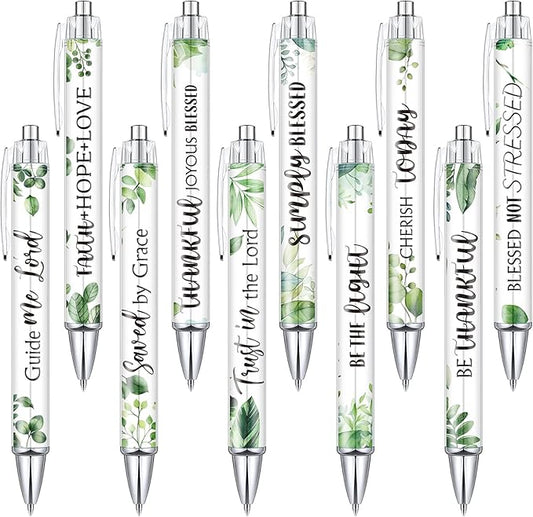 Tinlade 10 Pcs Christian Pens for Women Religious Ink Pens Easter Gifts Inspirational Quotes Bible Verse Ballpoint Funny Office Supplies for Women Men Coworker(Green Leaves)