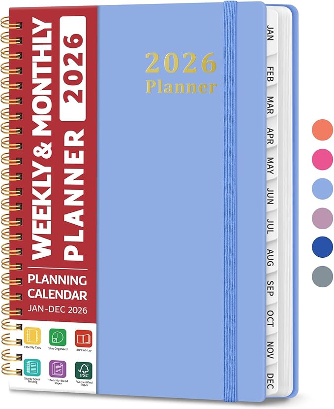 2026 Planner, Weekly and Monthly Calendar Planner, January 2026 - December 2026, Hardcover 2026 Calendar Planner Book with Tabs For Women & Men, Inner Pocket, Spiral Bound, Perfect for Office Home School Supplies - A5 (6.3" x 8.5"), Lavender