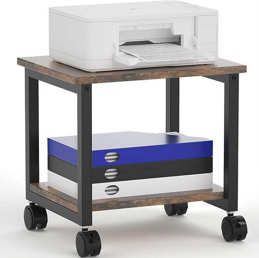 Under Desk Printer Stand, 2-Tier 16.5''x 12.6''x 14.8'' Rolling Printer Stand Storage Shelves for Printer, Scanner, Fax Machine, Files, Books with Anti-Skid Feet for Home, Office, Brown