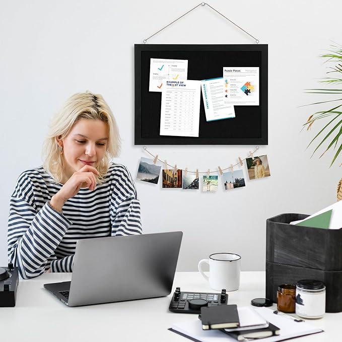 Large Cork Board Double-Sided Bulletin Board with Linen 36"x 24", Black Cork Boards for Walls Wood Frame Hanging Pin Board, Cork Board for Office Home School 1-Pack