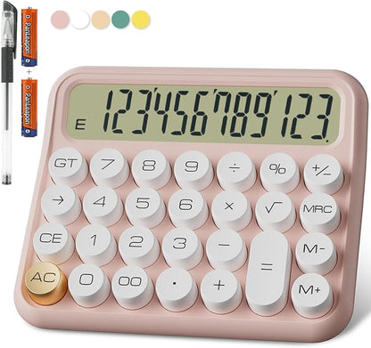 Mechanical Calculator 12 Digit Extra Large 5-Inch LCD Display, DECKLIT Battery Desk Calculator, Big Buttons Easy to Press Use as Office Calculators Desktop, 15°Tilt Screen for Kids Calculator(Pink)
