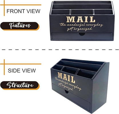 Wooden Black Rustic Countertop Mail Storage Holder with Drawer and Compartments - Office Desk Accessories and Workspace Organizers - Desktop Sorter for Pen Stationery Letter Files Documents