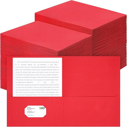 Harloon 75 Pack Two Pocket Portfolio Folders Bulk, 8.5 x 11 Inches Textured Paper with Business Card Slot Letter Size File Folders for Office School Classroom (Red)