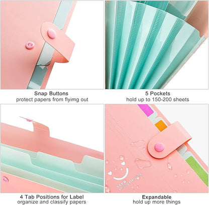 Forvencer Accordion File Organizer, Letter Size, 5 Pocket Expanding File Folder, Cute File Folder with Labels, Portable File Organizer for School Office Supplies, Folders for Documents, Pink